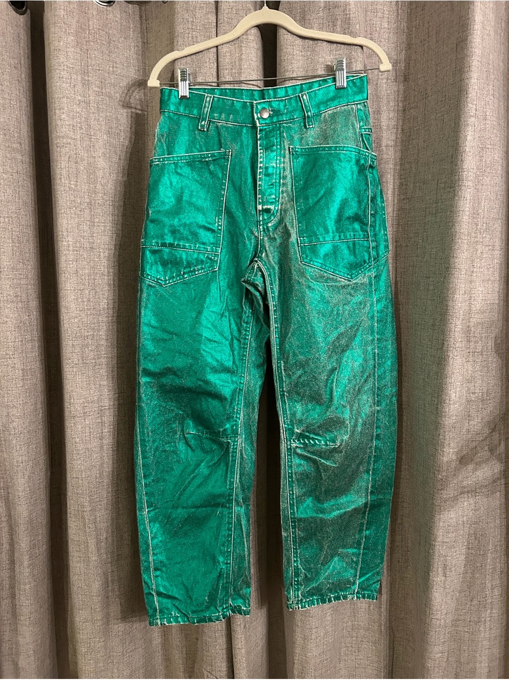 3. Free People Moxie barrel jeans metallic emerald green 24 & 28 - Picture 2 of 16